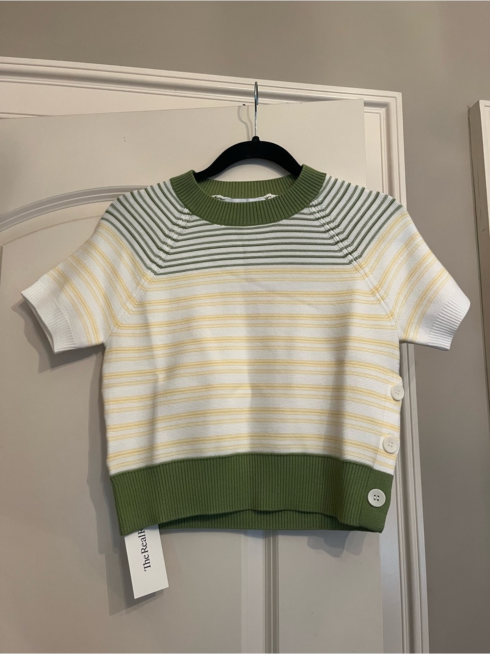 Derek Lam short Sleeve Striped Knit Top in White, Yellow & Green